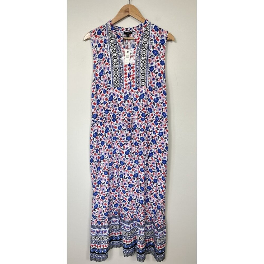Talbots Dress 16 Petite Blue Pink Floral Sleeveless Tie Waist Wedding Career